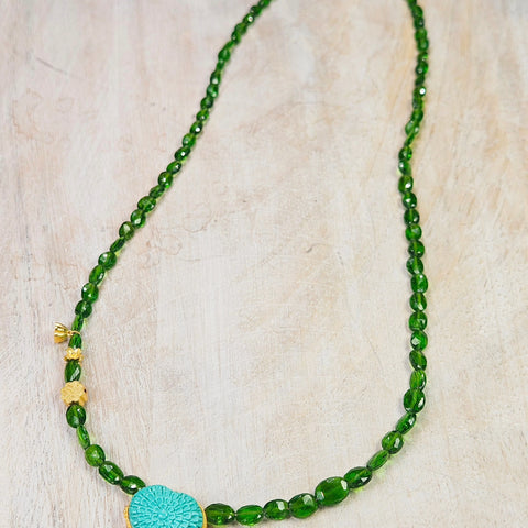 Natural Green Gemstone Chrome Diopside Faceted Bead Necklace with Genuine Top Quality Turquoise Hand Carved Heart Pendant 18K Yellow Gold 17"