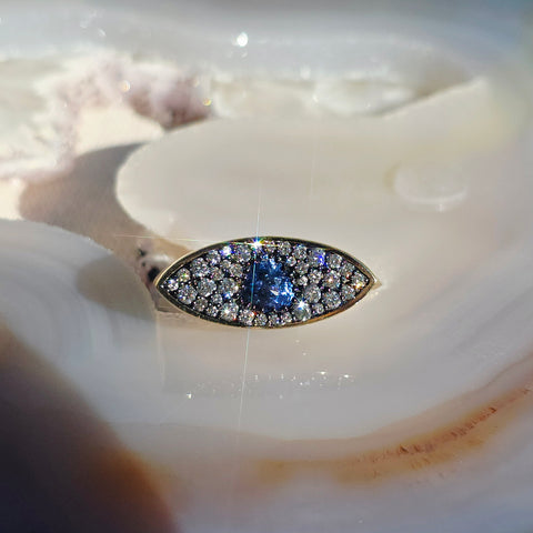 14k Yellow Gold & Platinum Cornflower Blue Sapphire and Lab-Grown Diamond Ring sz 7 | Indulgems | Luna Collection