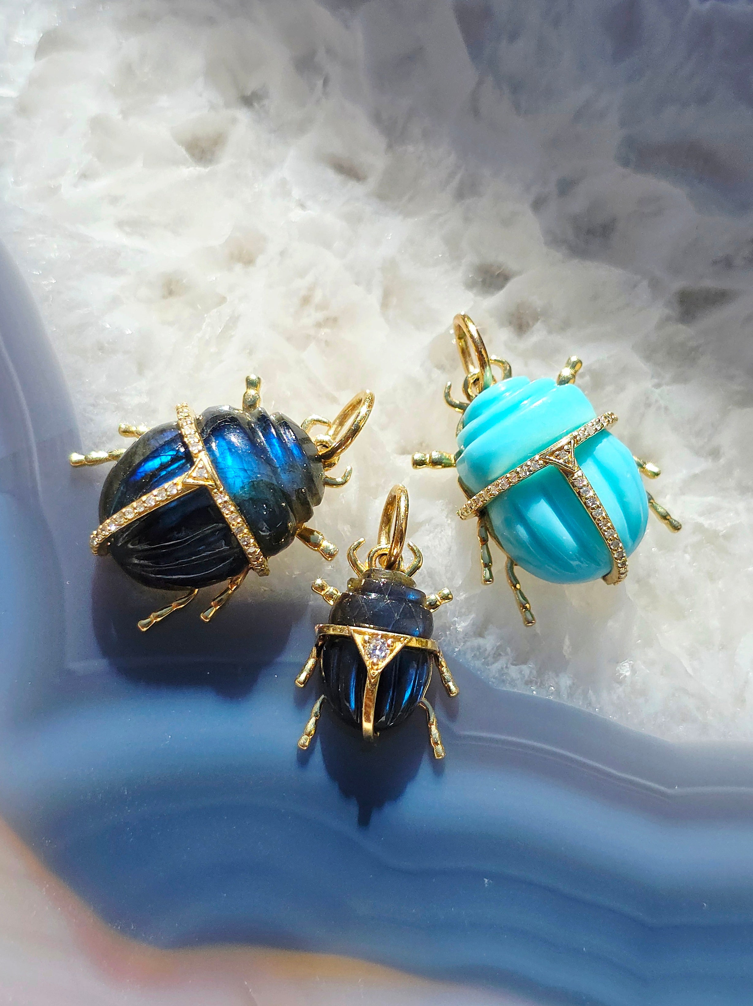 14k Yellow Gold Gemstone Carving Scarab Beetle Charm Pendant with Diamond Accent | Indulgems