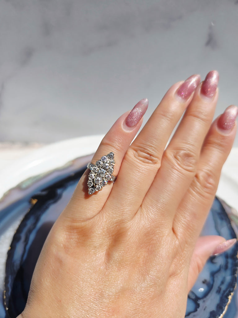 18K Solid White Gold Diamond Navette Ring Size 4.5 | Antique Jewelry | Designs in Real Gold | Indulgems