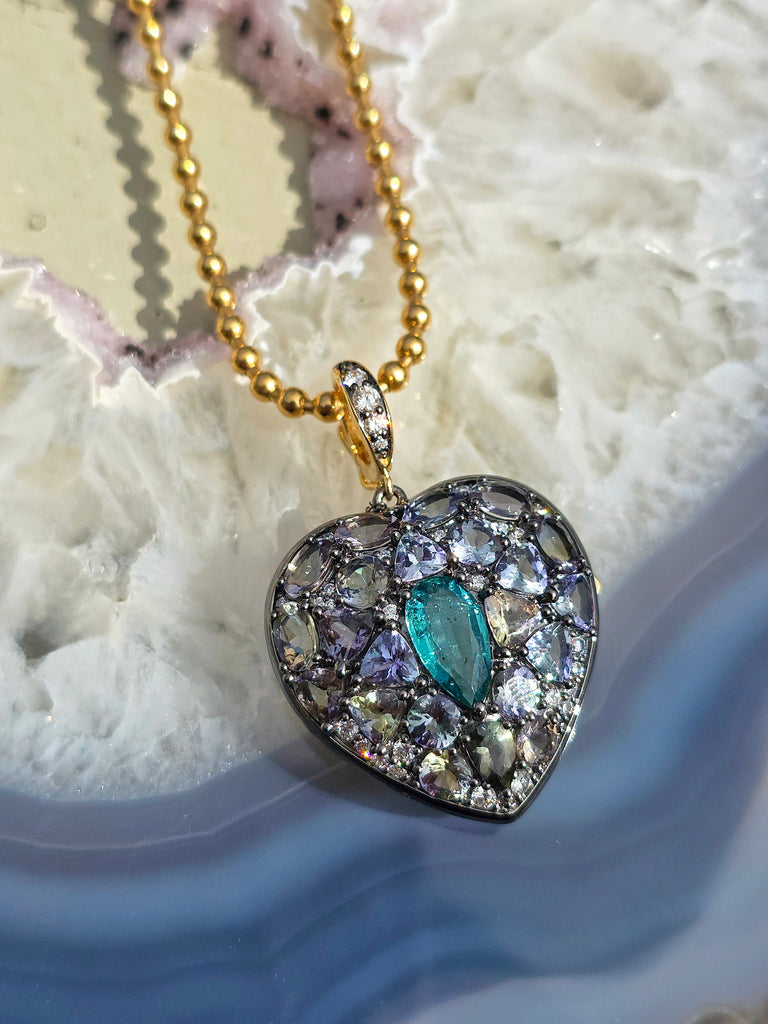 14k Yellow Gold & Platinum Large Emerald and Tanzanite Heart Locket Pendant | Indulgems