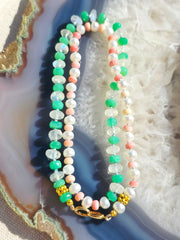18K Yellow Gold Gemstone Halfsie Necklace with Chrysoprase, Rainbow Moonstone, Pink Shell & Freshwater Pearl | Indulgems | Designs in Real Gold