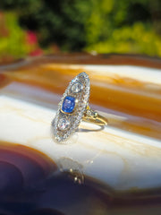 18k Yellow Gold & Platinum Cornflower Blue Sapphire Diamond Navette Ring Size 8 | Indulgems | Antique Vintage
