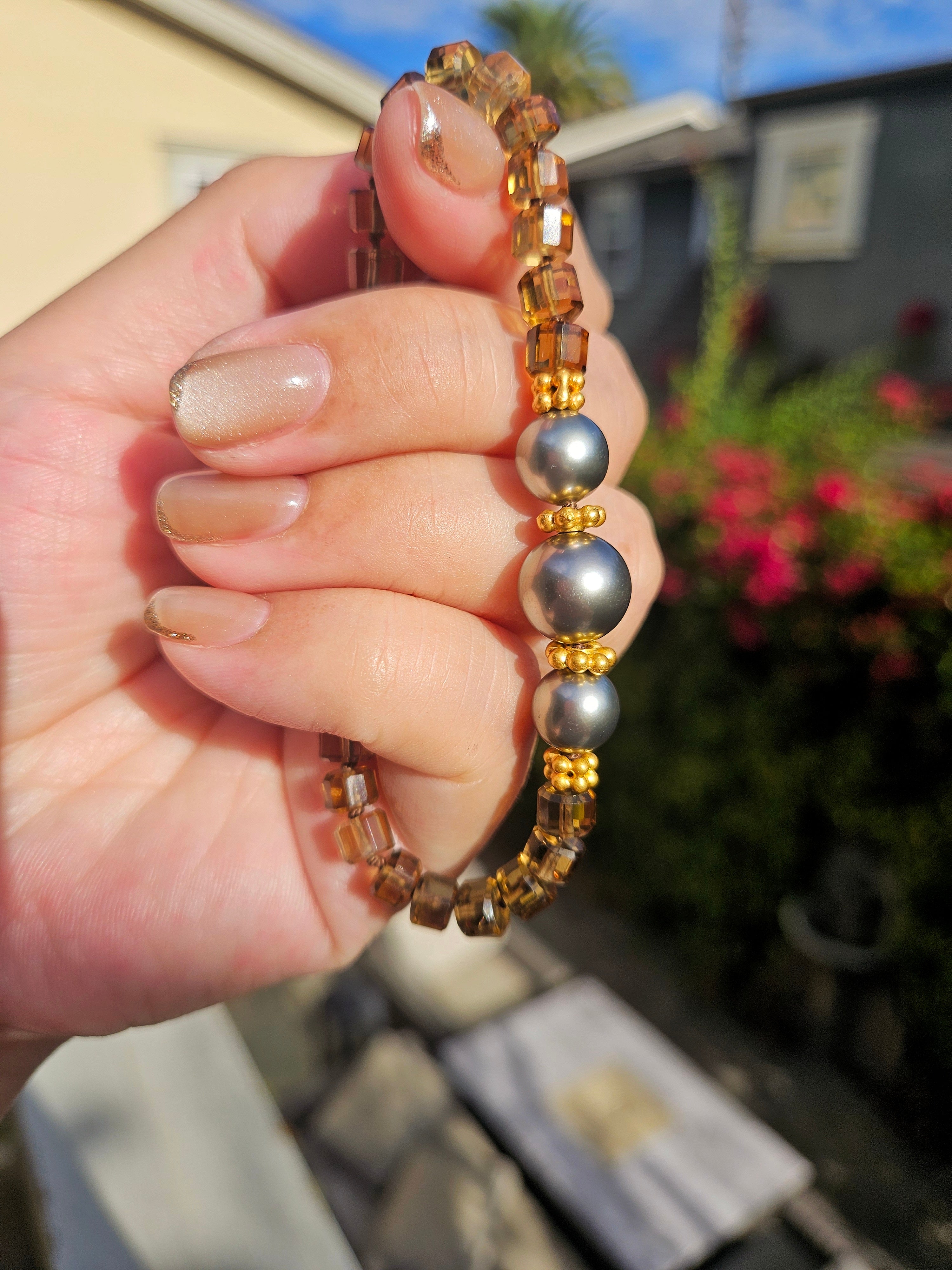 Cognac Quartz Gemstone and Tahitian Pearl 18K Gold Bracelet