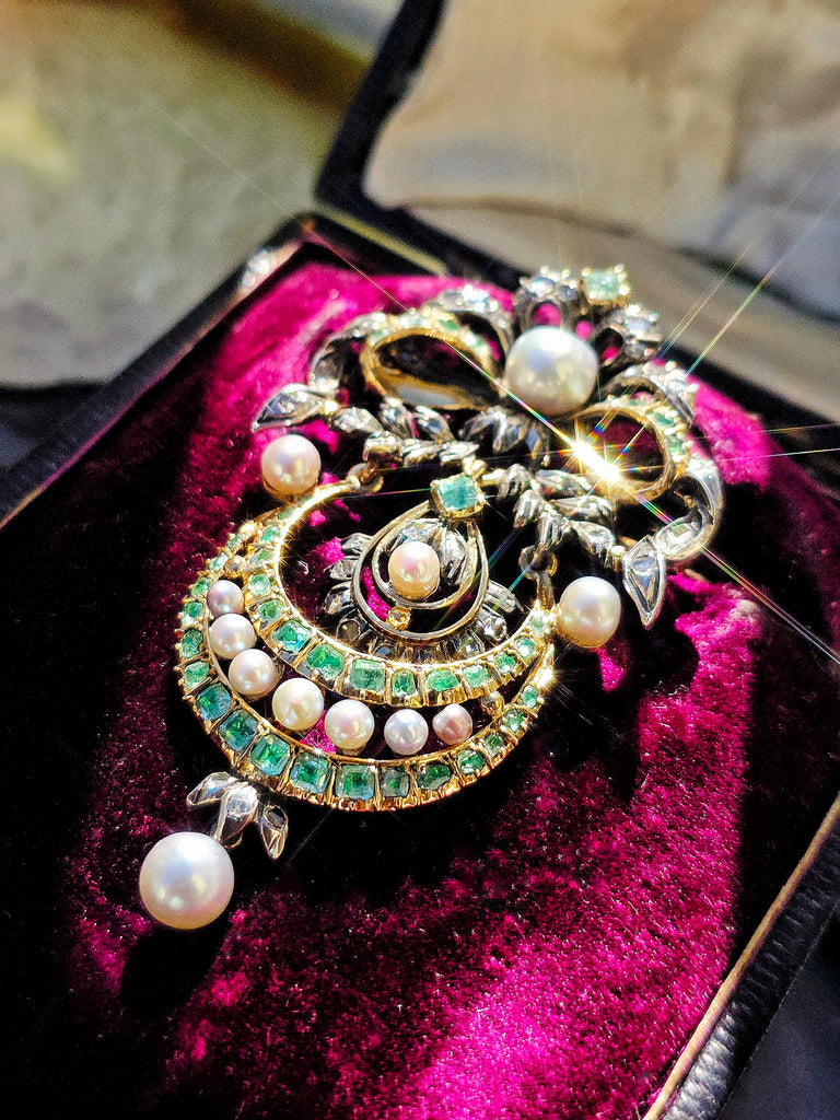 18k Gold & Silver Antique Statement Brooch Pendant with Green Paste, Diamond and Pearls | Indulgems