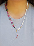 14K Yellow Gold Hand Carved Pink & Green Tourmaline Leaves, Freshwater Baroque Pearl Gemstone Halfsie Necklace 24"