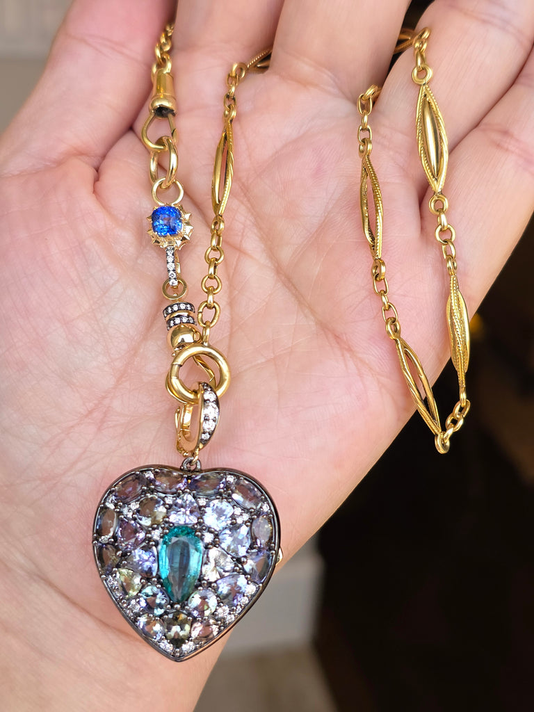 14k Yellow Gold & Platinum Large Emerald and Tanzanite Heart Locket Pendant | Indulgems