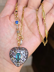 14k Yellow Gold & Platinum Large Emerald and Tanzanite Heart Locket Pendant | Indulgems