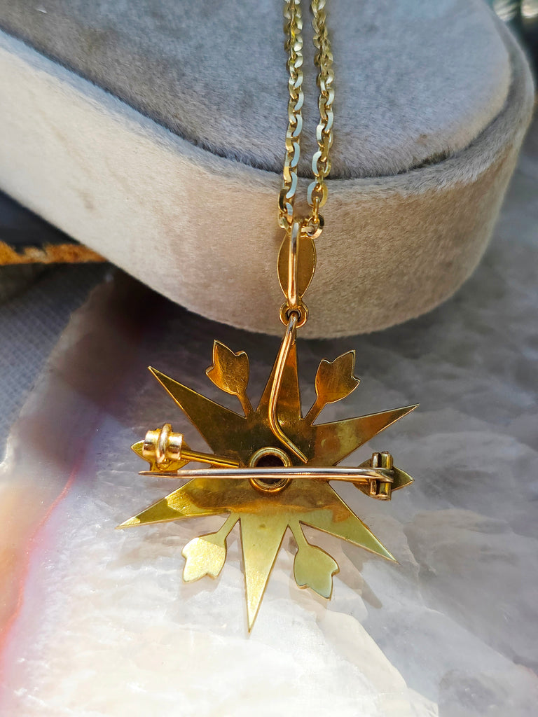 18k Solid Gold Pearl Studded 6 Point Star Pendant Brooch  | Indulgems