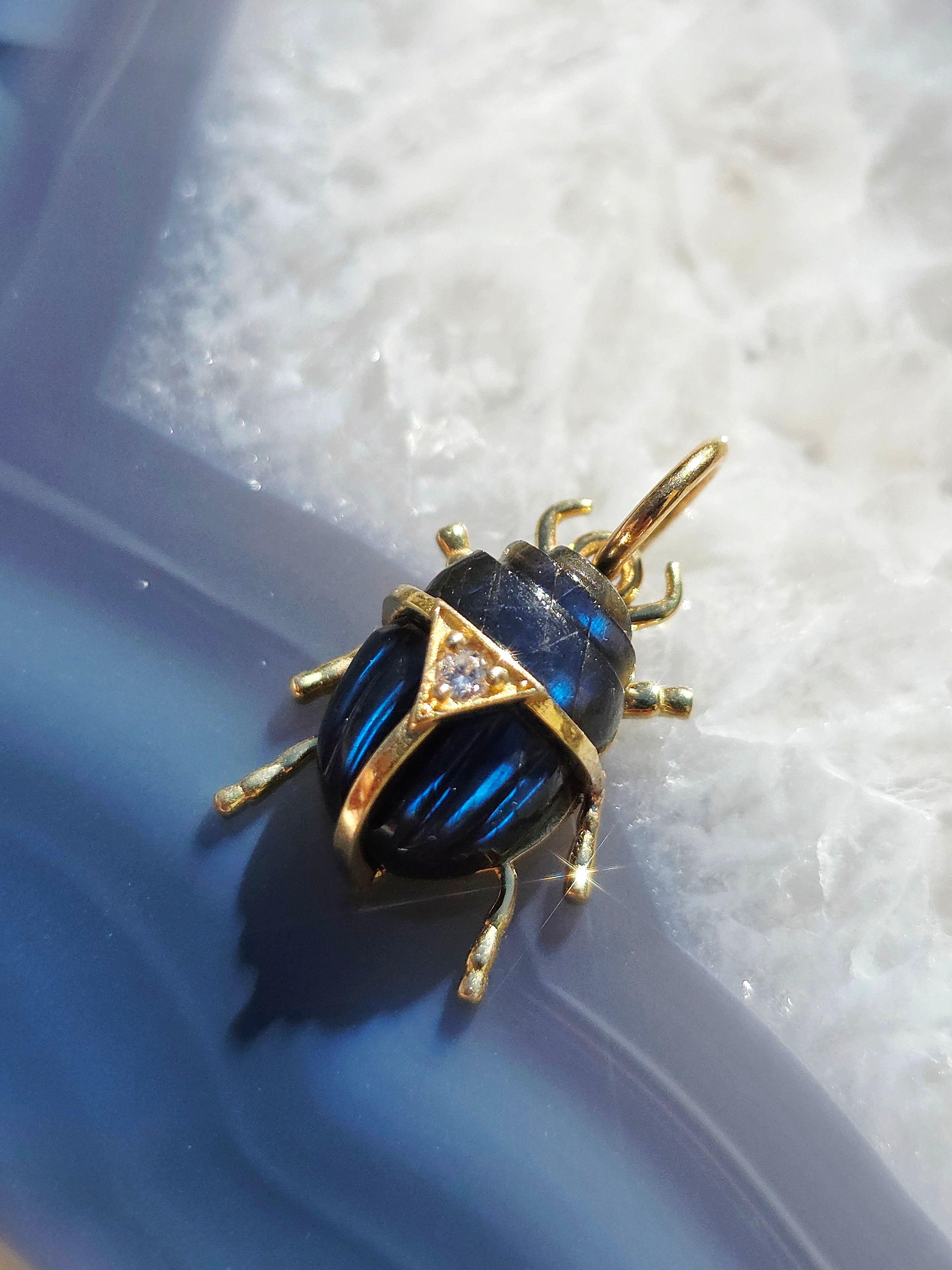 14k Yellow Gold Gemstone Carving Scarab Beetle Charm Pendant with Diamond Accent | Indulgems