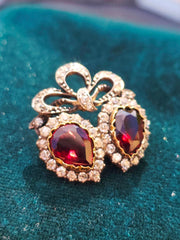 14k Gold & Silver Victorian Antique Double Heart Garnet and Diamond Brooch | Indulgems