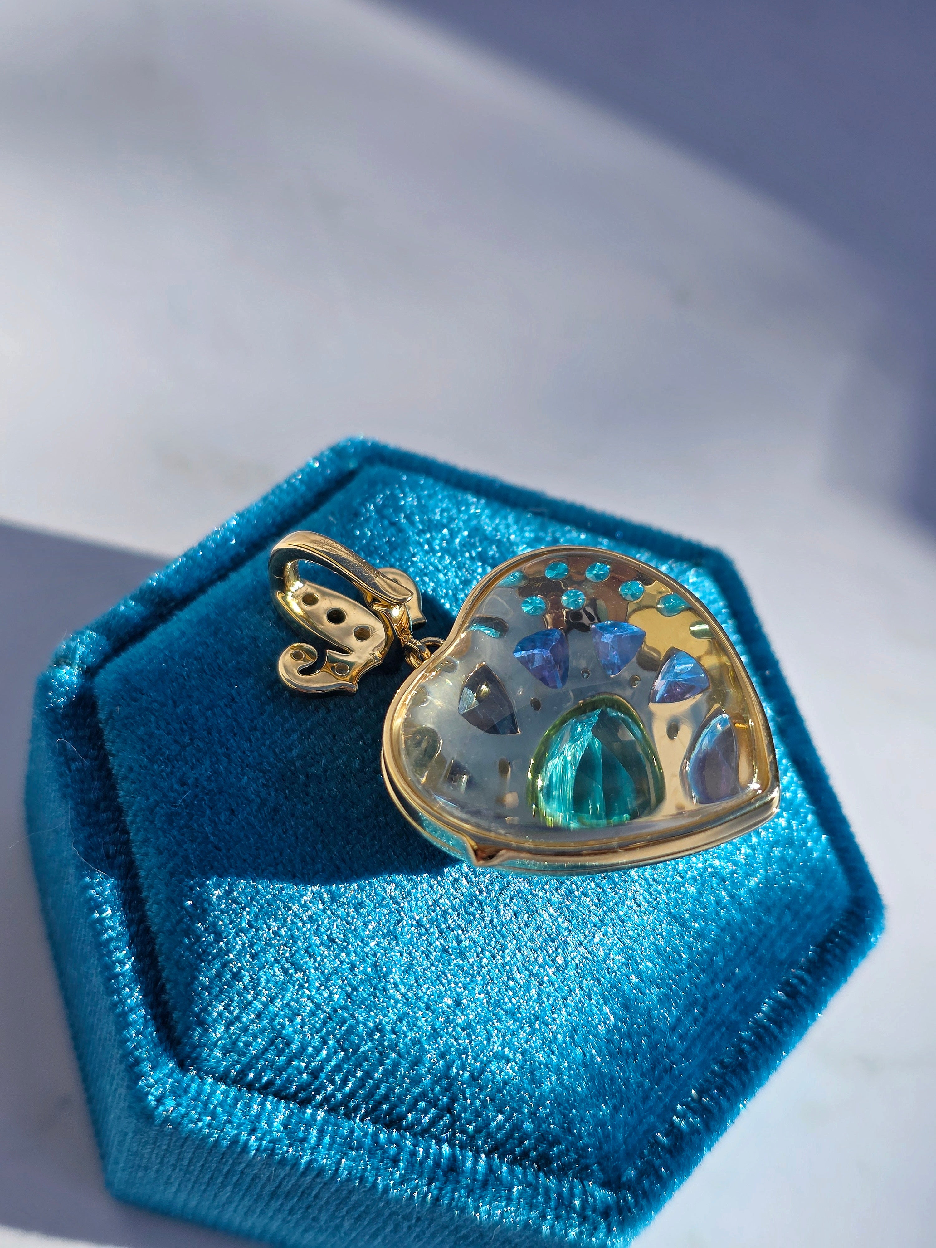 14k Yellow Gold Heart Locket Pendant with Mint Tourmaline, Tanzanite, Emerald, Diamond | Indulgems