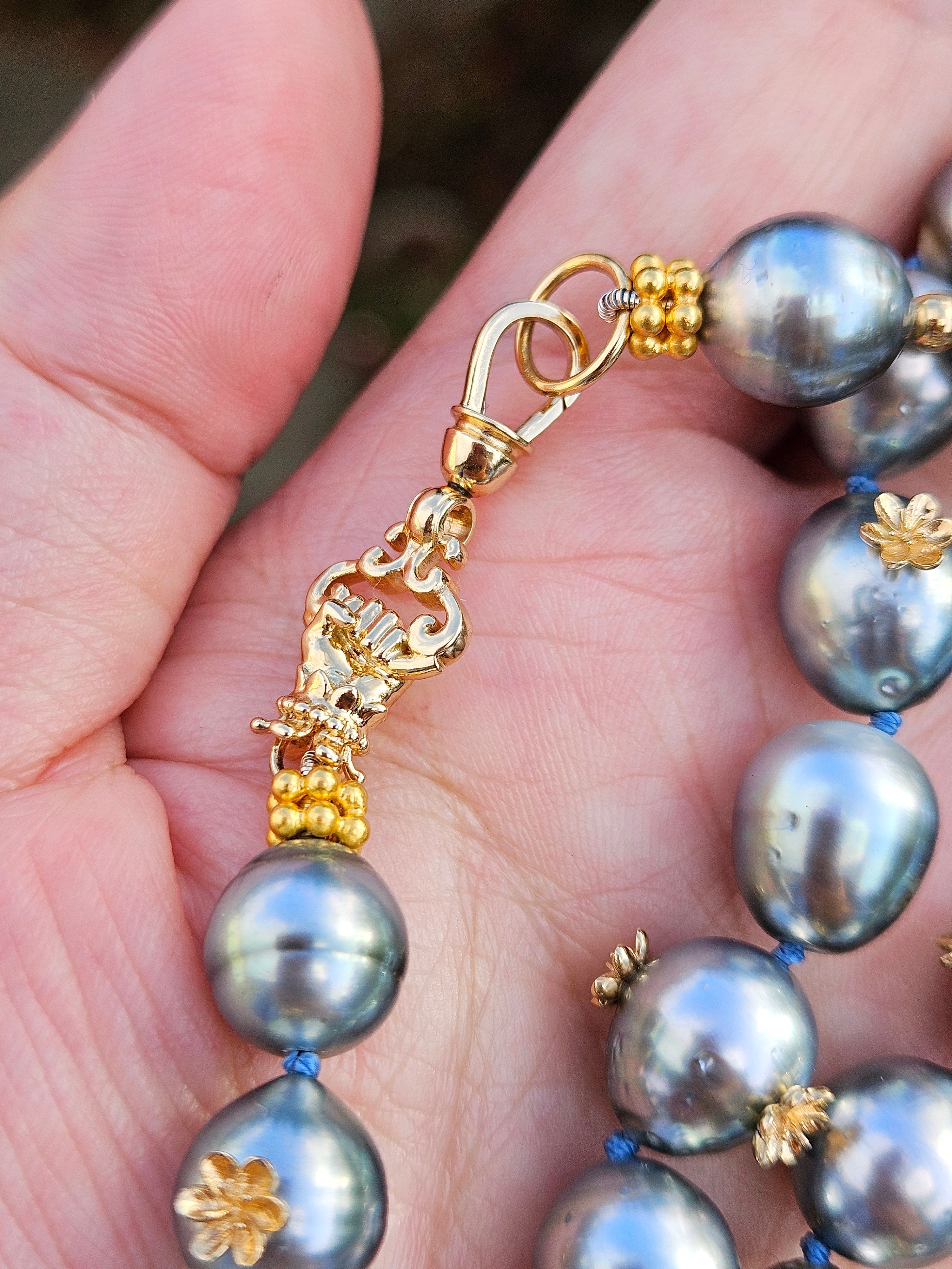 18K Solid Gold Natural Silver Tahitian Pearl Necklace with Small Flowers, Diamonds & Antique inspired Hand Fist Clasp 18"