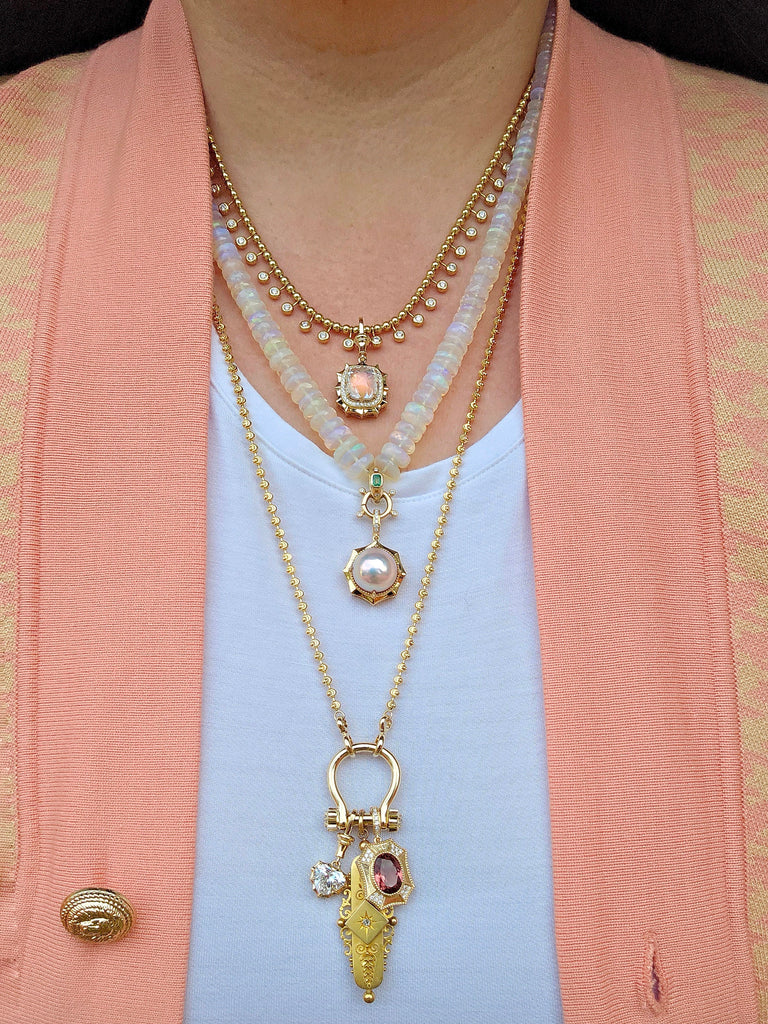 14k Yellow Gold Madagascar Rainbow Moonstone Aurora Halo Pendant | Indulgems