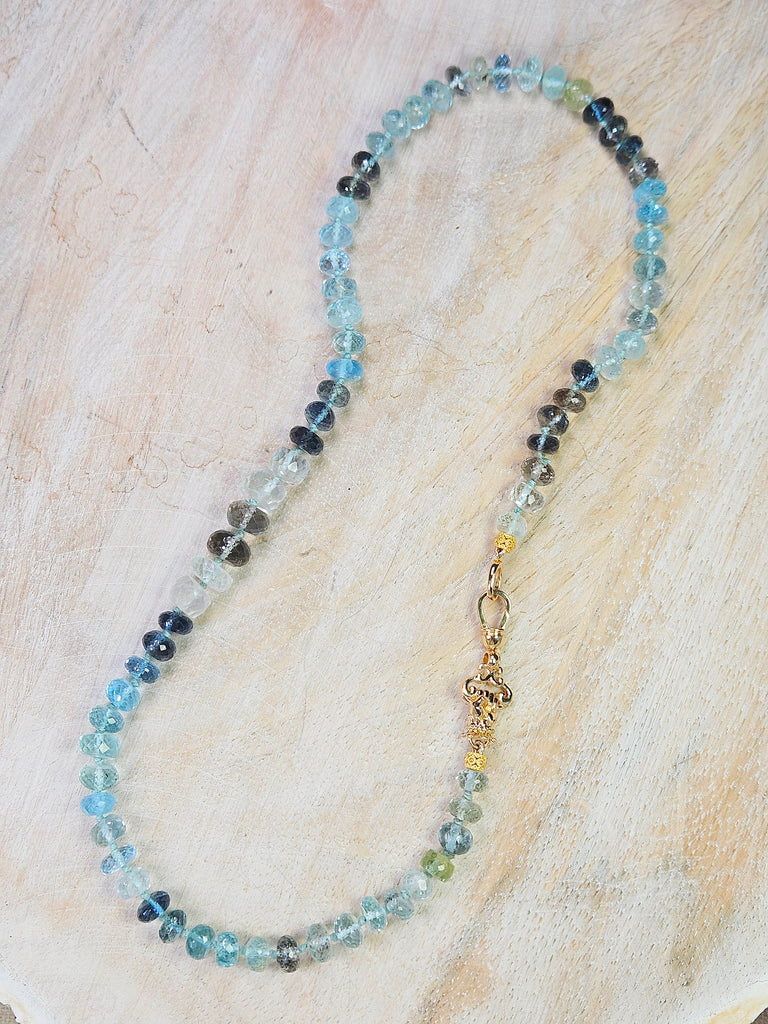 Moss Aquamarine Faceted Gemstone Bead Necklace with 18K Yellow Gold Antique Inspired Hand Fist Clasp 17"