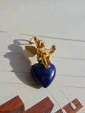 18k Solid Gold Sculpted Angel Cherub Lapis Heart Pendant | Indulgems