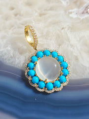White Moonstone, Sleeping Beauty Turquoise Natural Gemstone Diamond 18K Yellow Gold Pendant