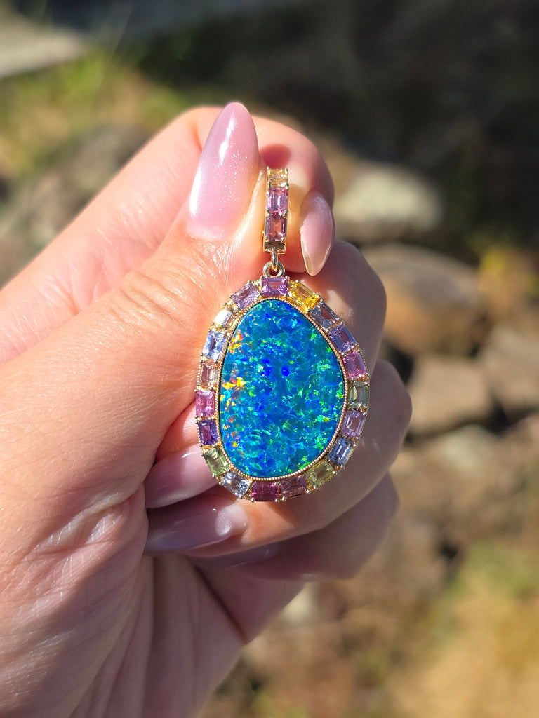 14k Yellow Gold Opal & Fancy Sapphire Pendant | Indulgems