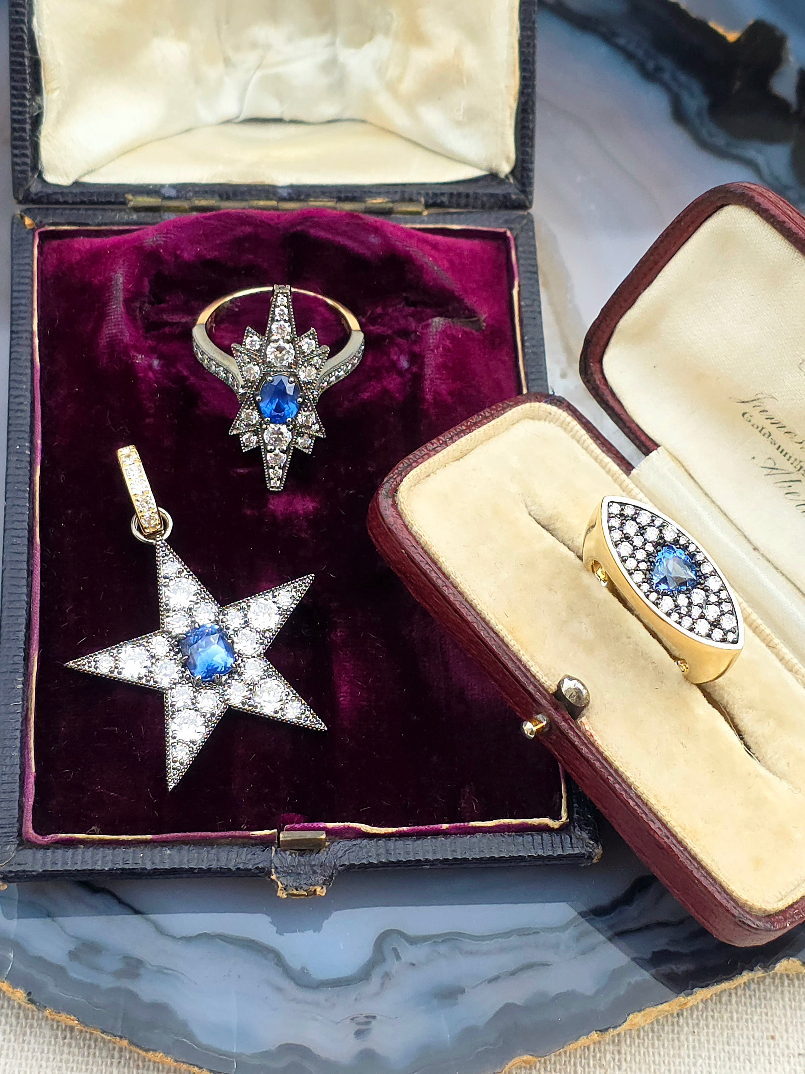 14k Yellow Gold & Platinum Cornflower Blue Sapphire Diamond Star Transformation Ring Pendant | Indulgems