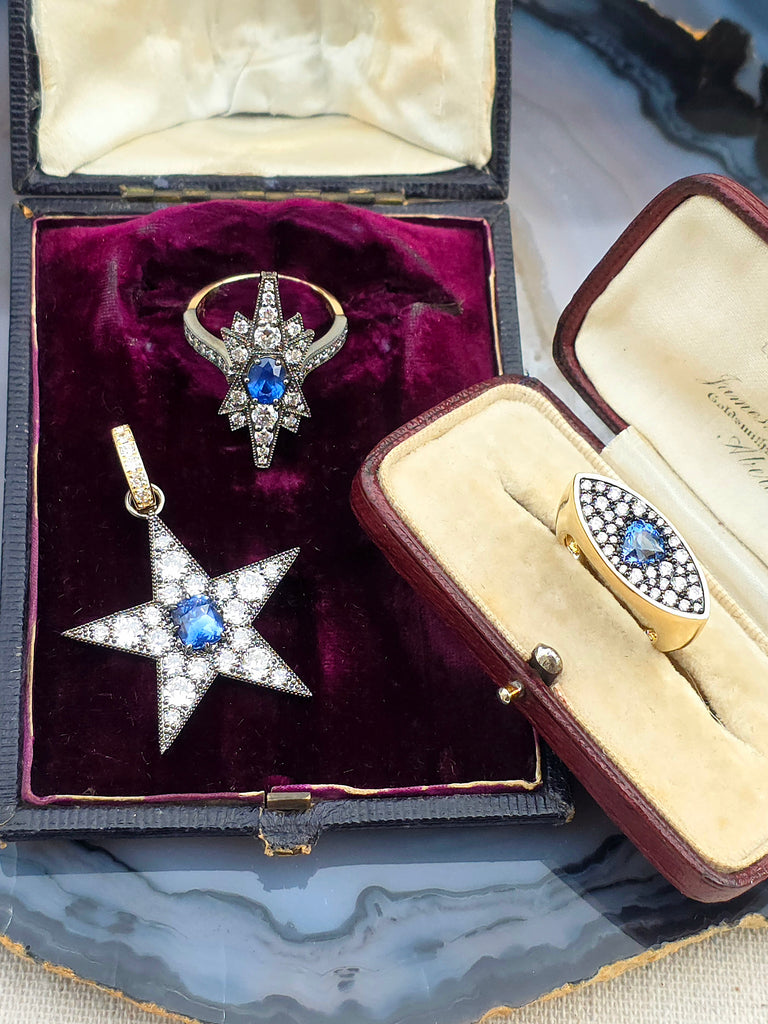 14k Yellow Gold & Platinum Cornflower Blue Sapphire Diamond Star Transformation Ring Pendant | Indulgems