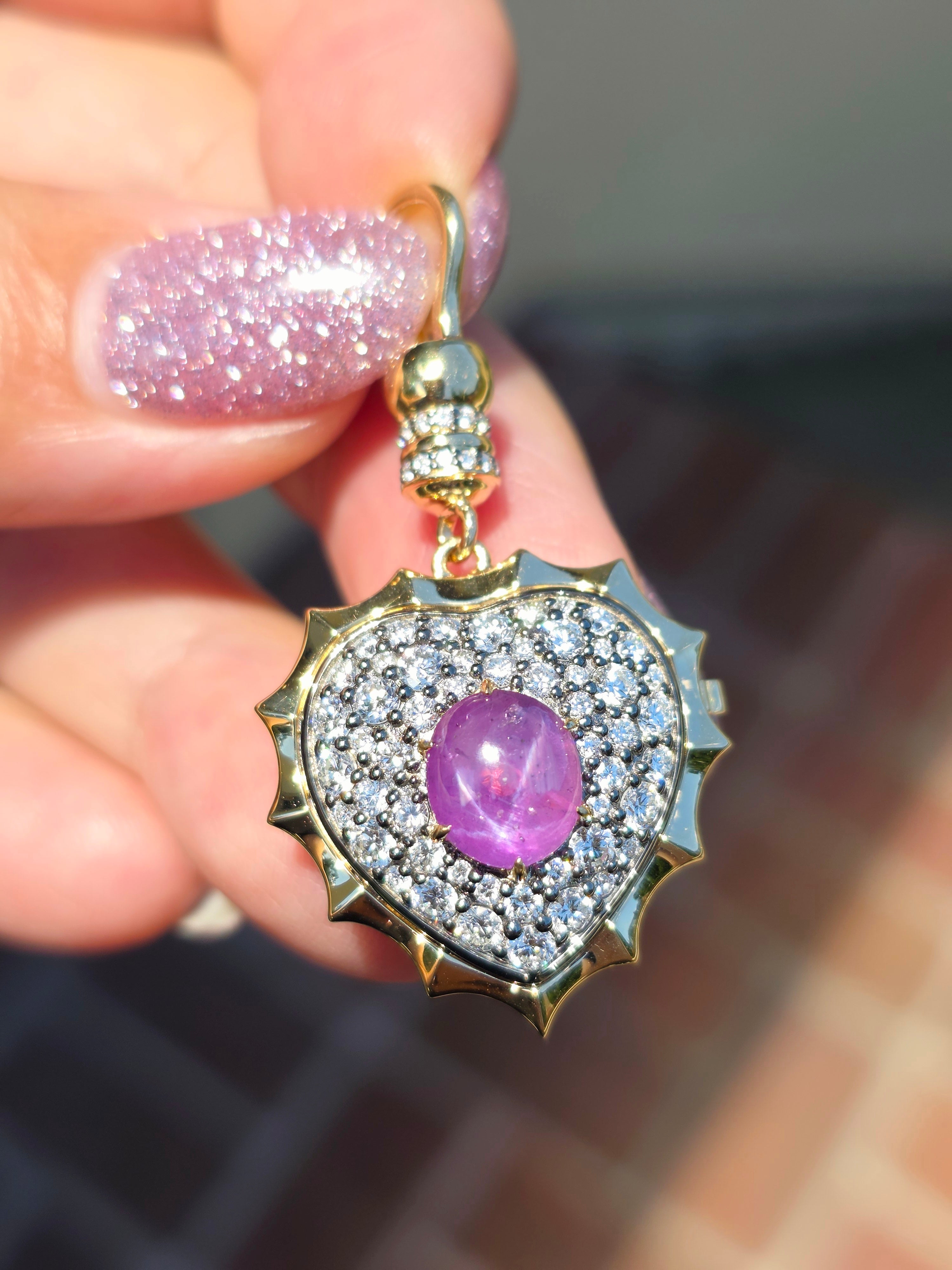 14k Yellow Gold & Sterling Silver 3ct Star Pink Sapphire Diamond Heart Locket Pendant | Indulgems | Aurora