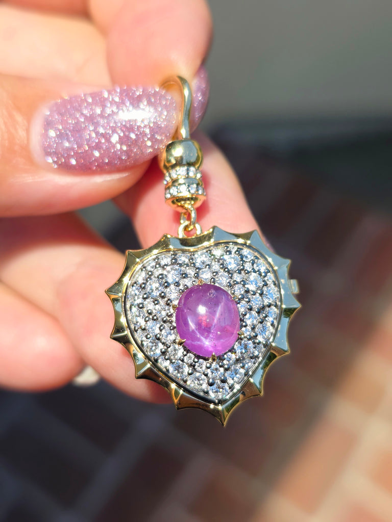 14k Yellow Gold & Sterling Silver 3ct Star Pink Sapphire Diamond Heart Locket Pendant | Indulgems | Aurora