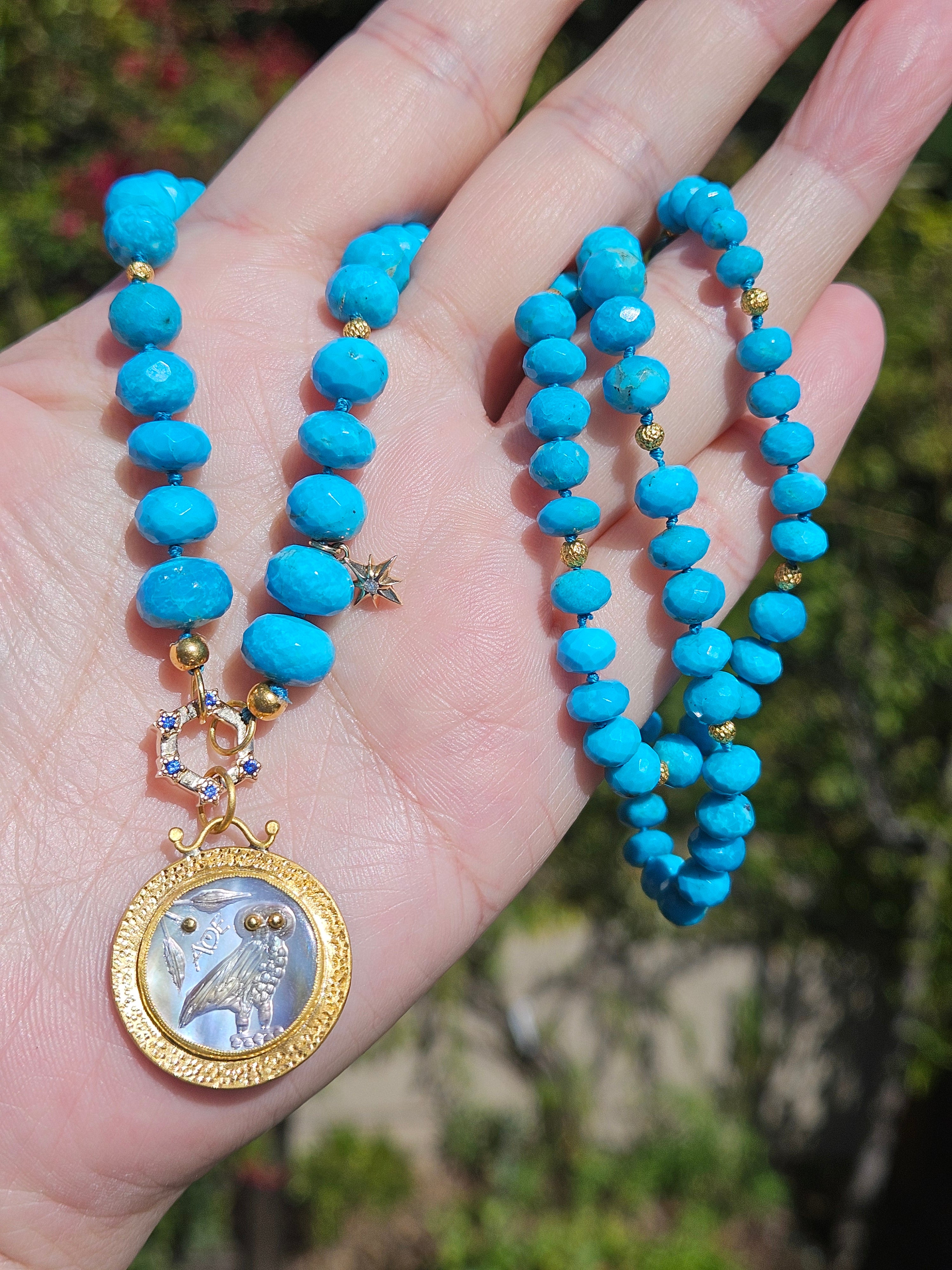 Natural Sleeping Beauty Turquoise Gold Necklace with Blue Sapphire Connector Clasp