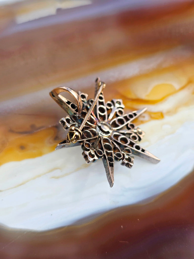18k Yellow Gold & Silver Rose-cut Diamond Star Brooch Pendant | Indulgems | Antique