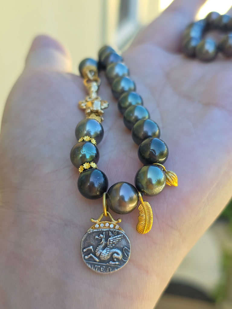 18k Solid Gold Tahitian Pearl Necklace with 3 Charms Oxidized Sterling Silver Coin in 24k Gold