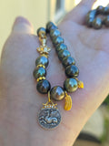 18k Solid Gold Tahitian Pearl Necklace with 3 Charms Oxidized Sterling Silver Coin in 24k Gold