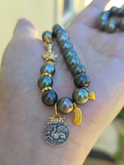 18k Solid Gold Tahitian Pearl Necklace with 3 Charms Oxidized Sterling Silver Coin in 24k Gold