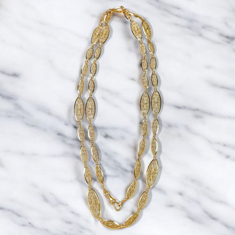 18K Gold Antique Filigree Link Long Chain Necklace 36.5" | Indulgems | Designs in Real Gold