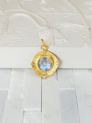 24K Gold Rainbow Moonstone Pendant with Diamond & Sterling Silver - Carved Moon Face Intaglio