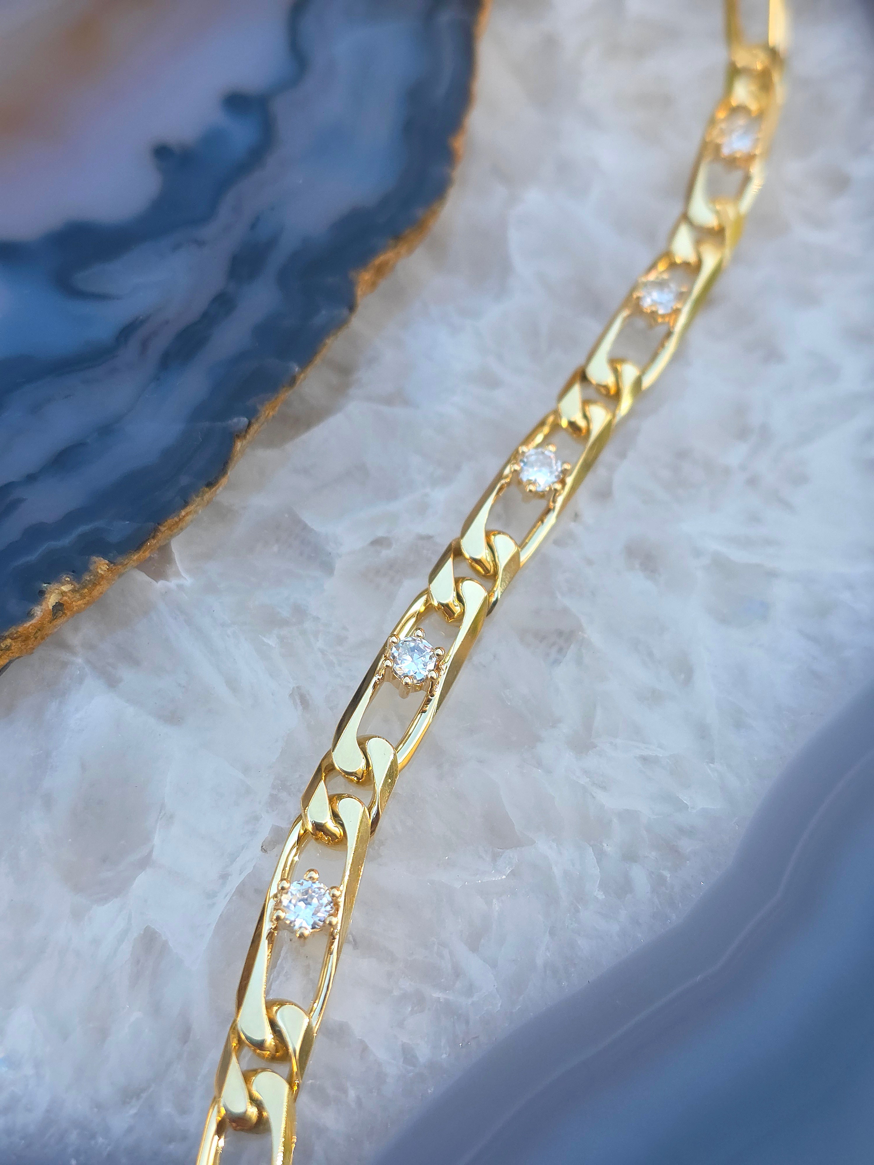 18k Solid Gold French Figaro Link Diamond Bracelet | Indulgems