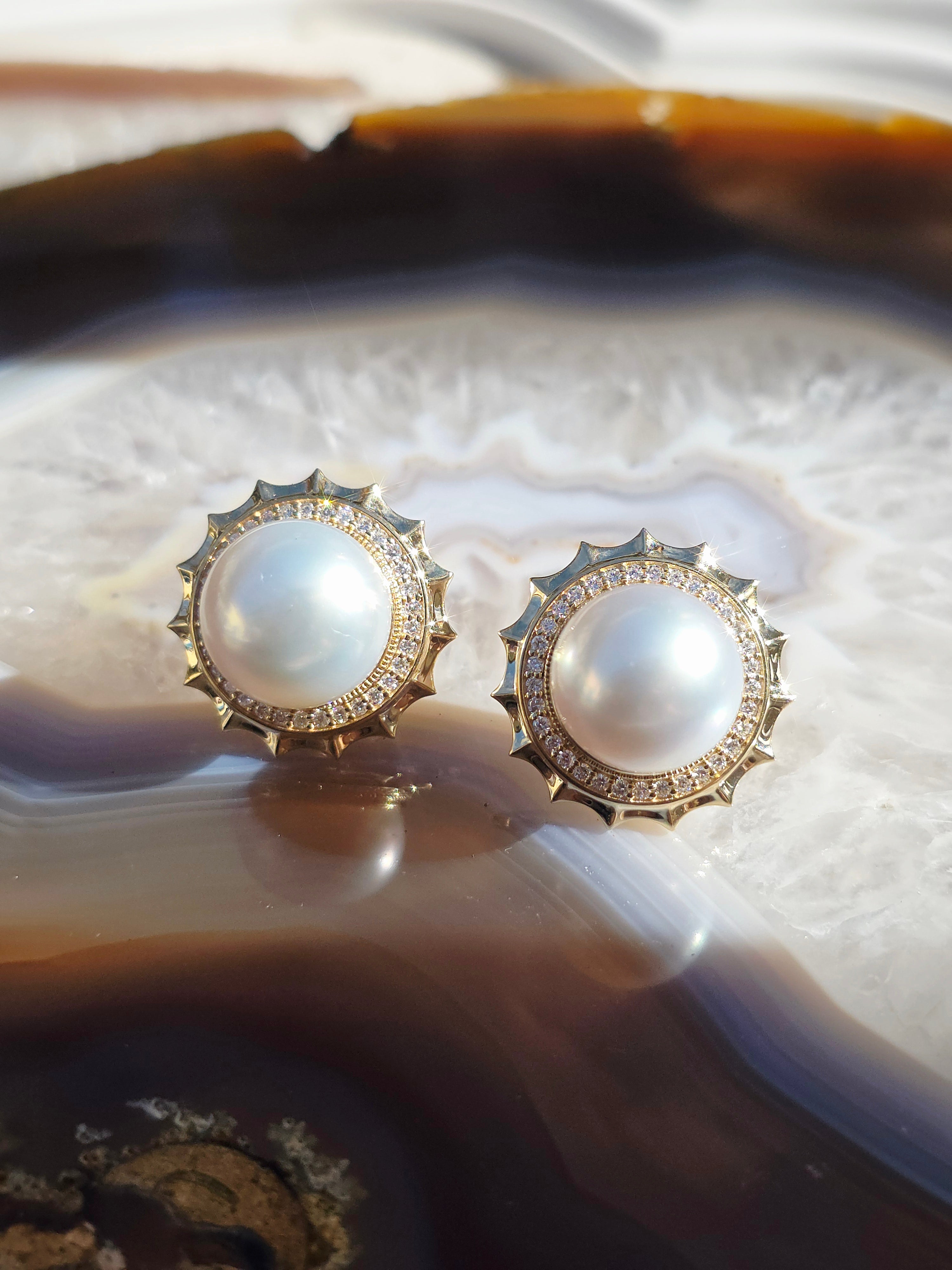 14k Yellow Gold South Sea Pearl Aurora Halo Earrings | Indulgems