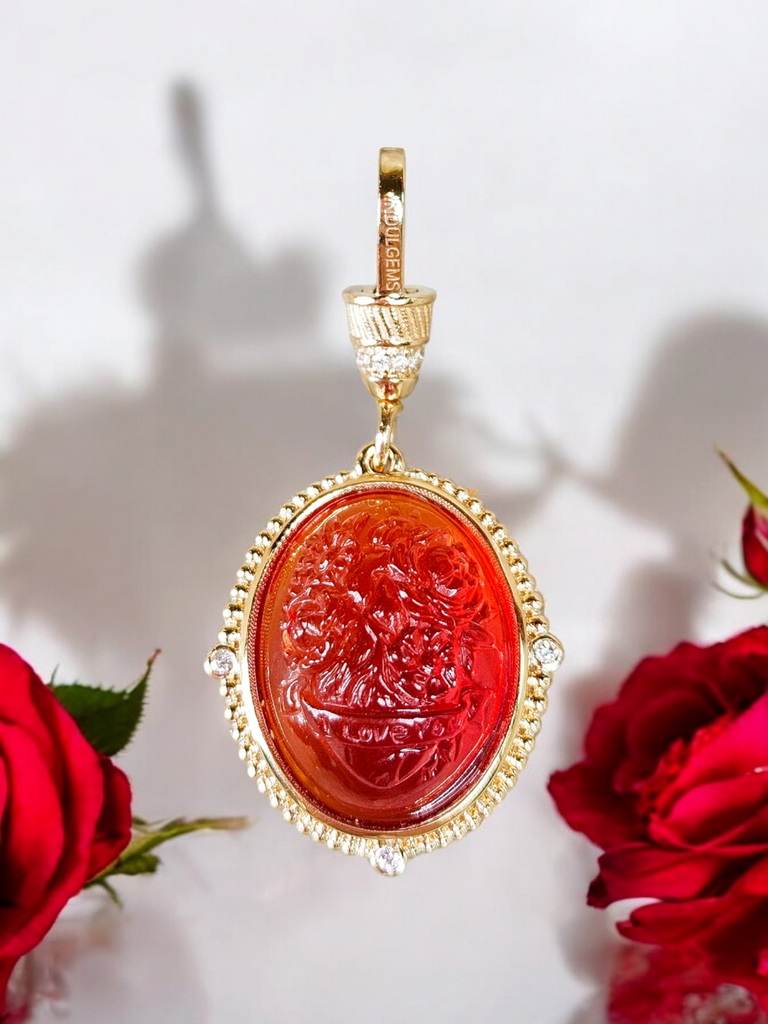 18k Solid Gold Handcarved Red Agate Gemstone Pendant | I Love You | Blooming Heart Motif | Indulgems | Designs in Real Gold | Talisman Collection