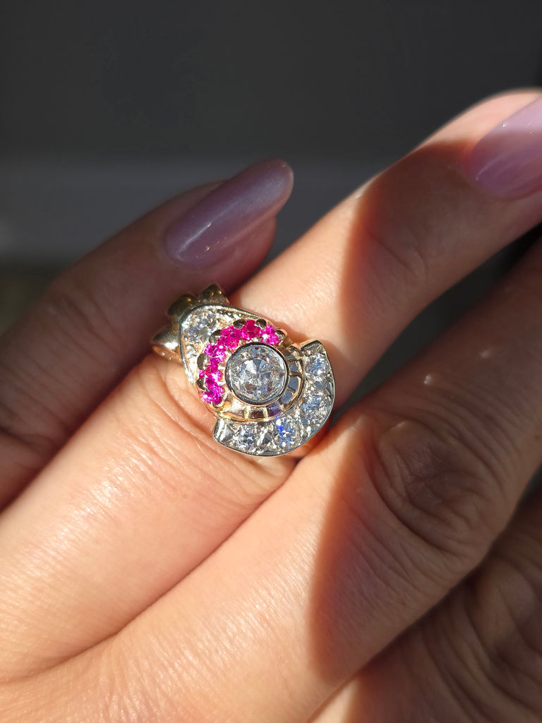 14k Yellow Gold Old Cut Diamond Ruby Tank Ring | Indulgems | Vintage