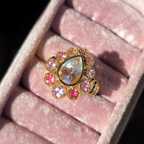 14k Solid Gold Madagascar Rainbow Moonstone & Multicolor Spinel Ring Size 8 | Indulgems | Starlit Collection