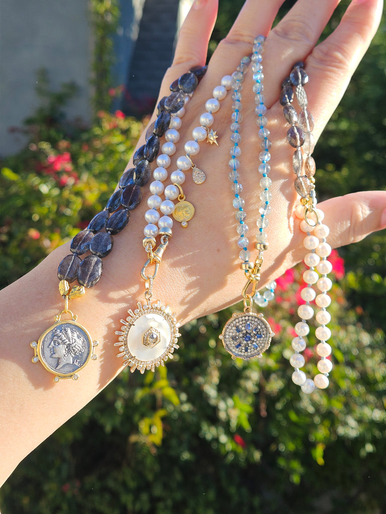 Copper Aquamarine Faceted Gemstone Necklace with Diana Goddess Diamond Pendant 22"