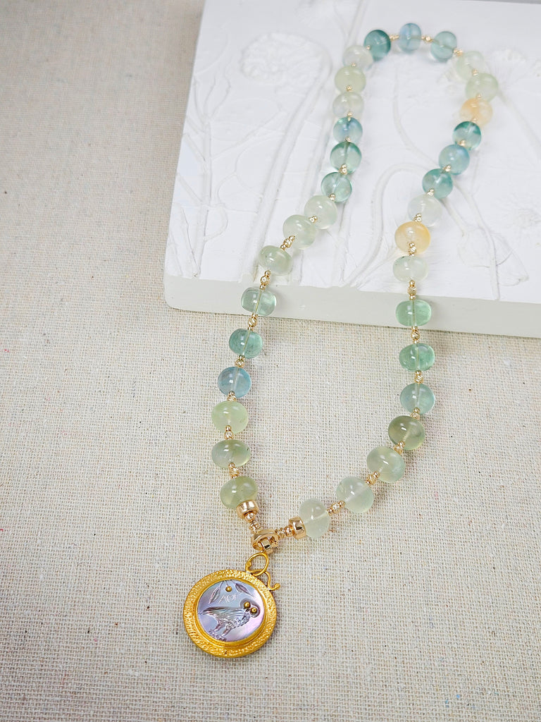 Natural Prehnite Gemstone Large Gemmy Bead 14k Yellow Gold Necklace 18"