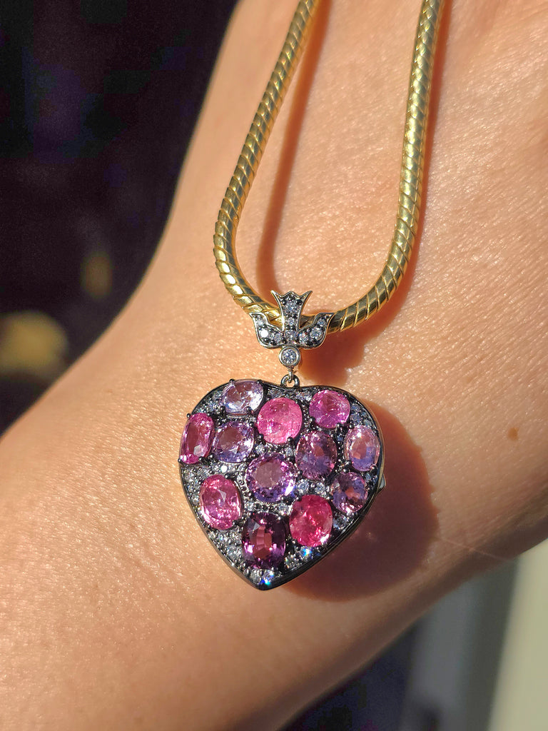 9ct Pink Spinel Heart Locket Pendant in Platinum & 14K Gold | Indulgems