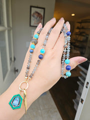 Copper Aquamarine, Lapis Lazuli, Amazonite, Sunset Dumortierite 18K Yellow Gold Gemstone Bead Necklace 24"