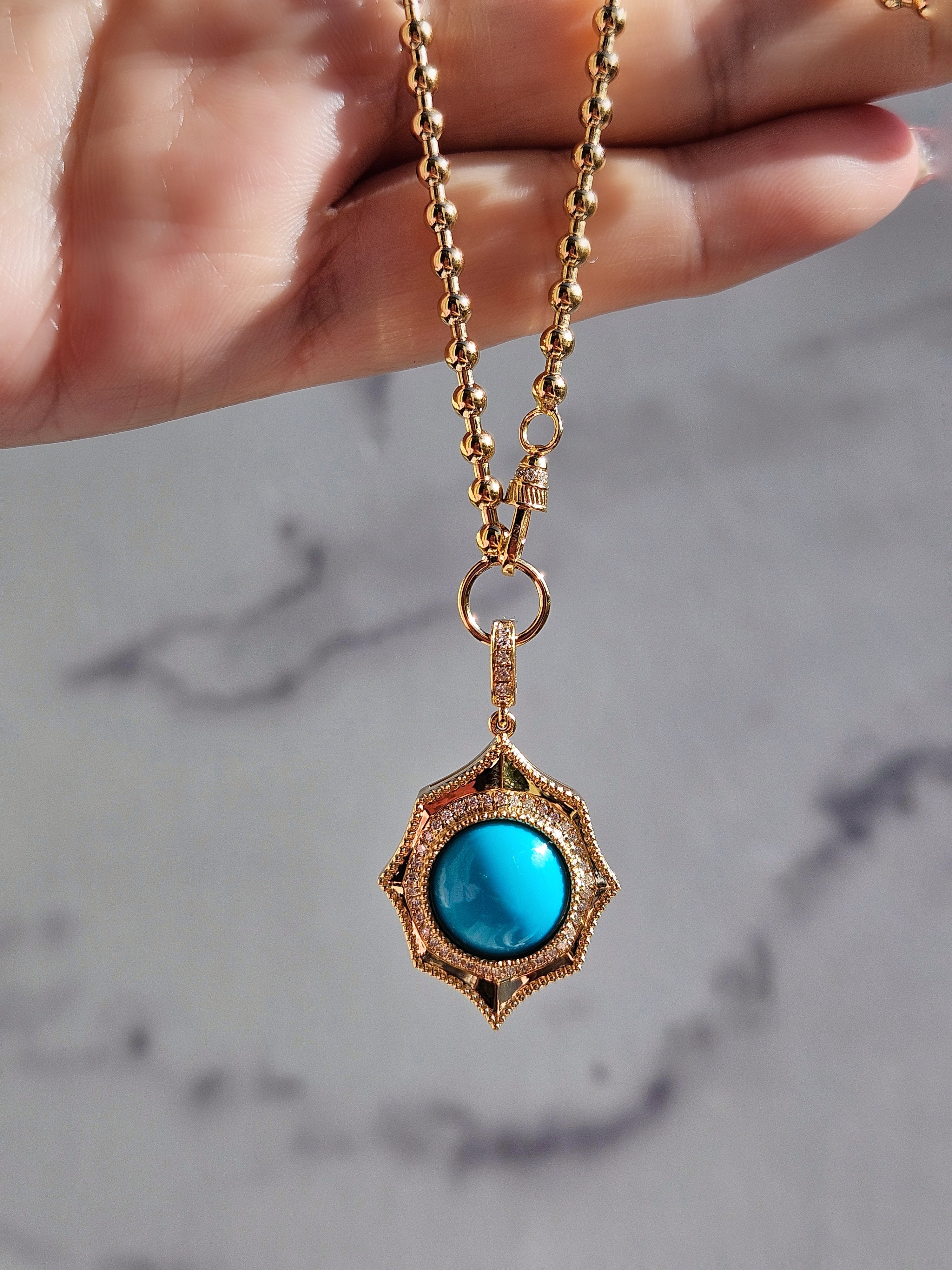 18k Solid Gold Sleeping Beauty Turquoise Gemstone Cabochon Pendant | Indulgems | Designs in Real Gold
