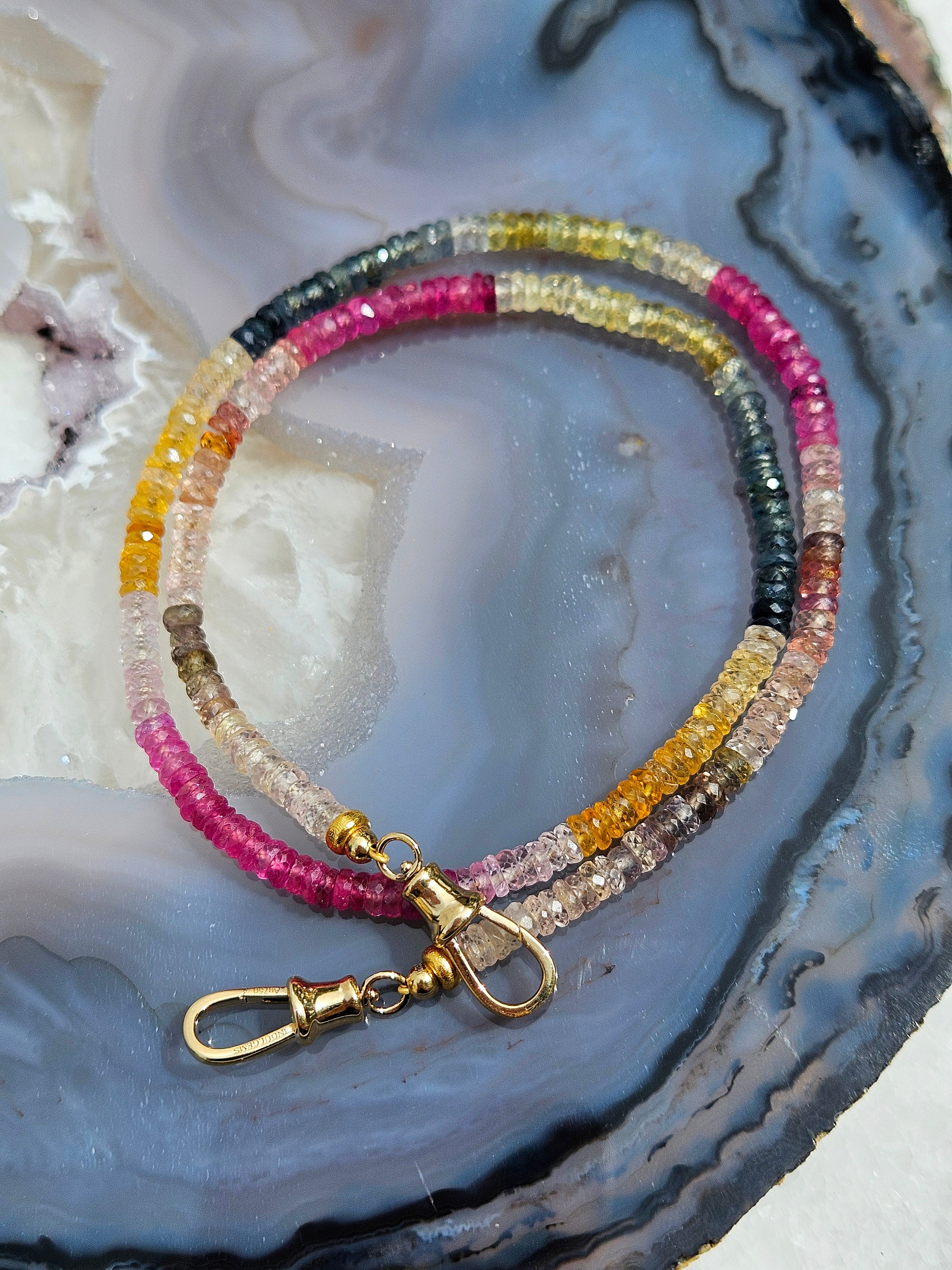 18k Solid Gold Multicolor Sapphire Faceted Gemstone Bead Necklace 17" | Indulgems | Designs in Real Gold