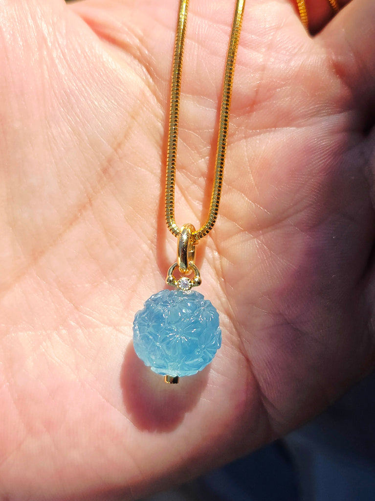 18k Yellow Gold Handcarved Aquamarine Flower Pompom Charm Pendant | Indulgems | Designs in Real Gold