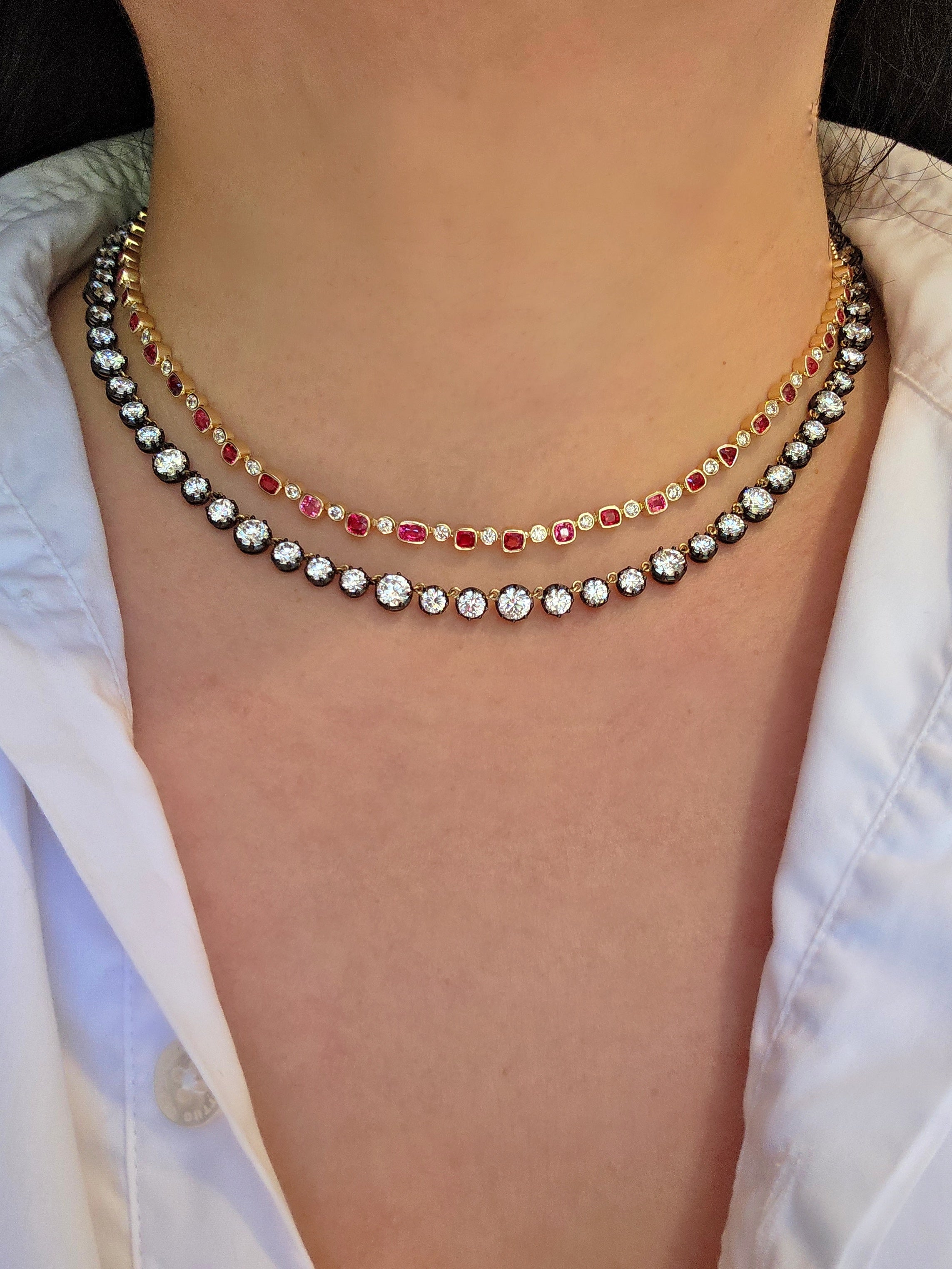 14k Yellow Gold Burmese Jedi Spinel & Diamond Half Line Necklace | Indulgems