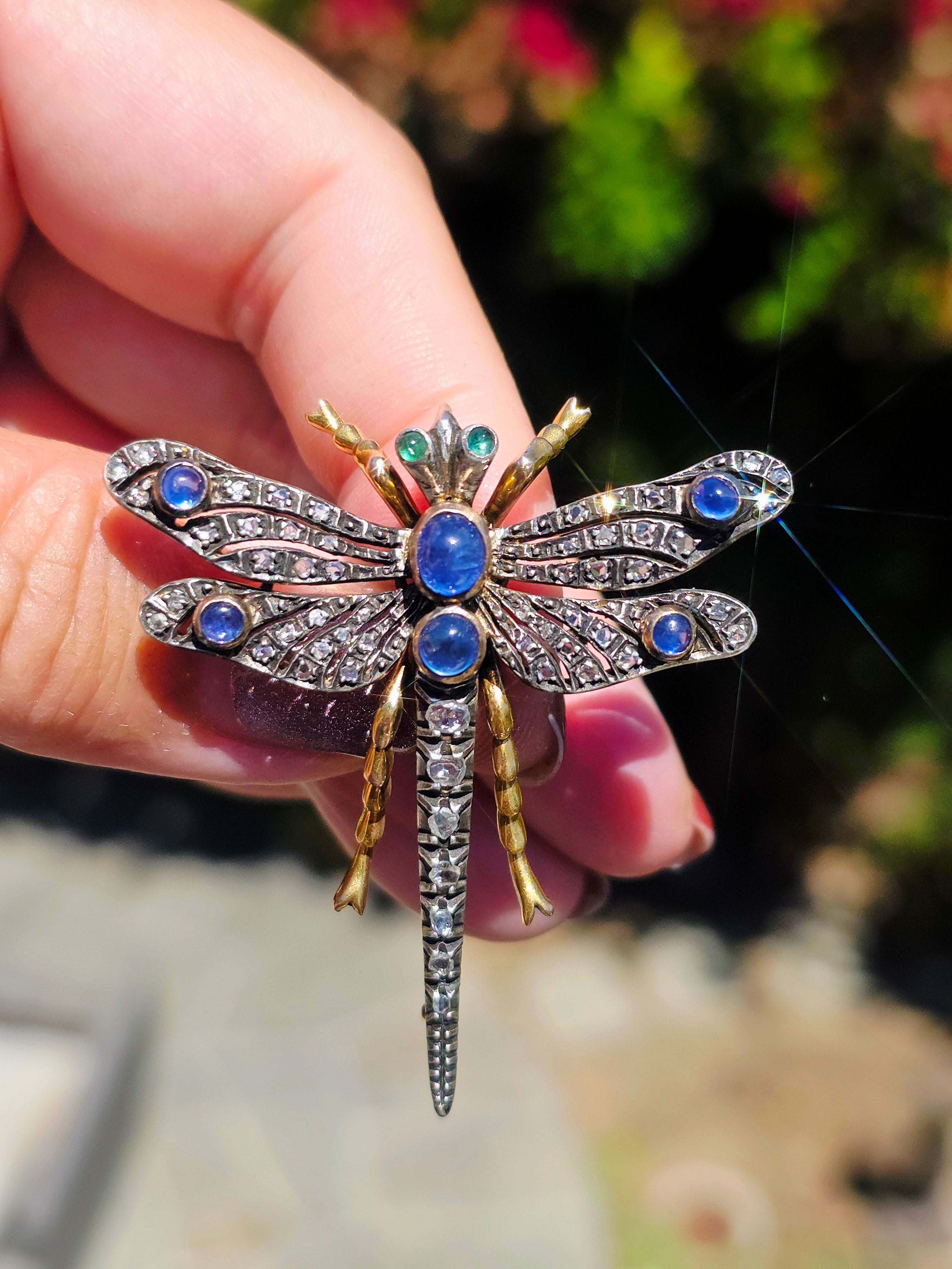 18k Solid Gold & Silver Art Nouveau Antique Dragonfly Brooch with Sapphire and Diamond | Indulgems