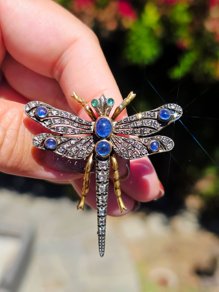 18k Solid Gold & Silver Art Nouveau Antique Dragonfly Brooch with Sapphire and Diamond | Indulgems