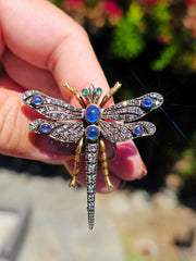 18k Solid Gold & Silver Art Nouveau Antique Dragonfly Brooch with Sapphire and Diamond | Indulgems
