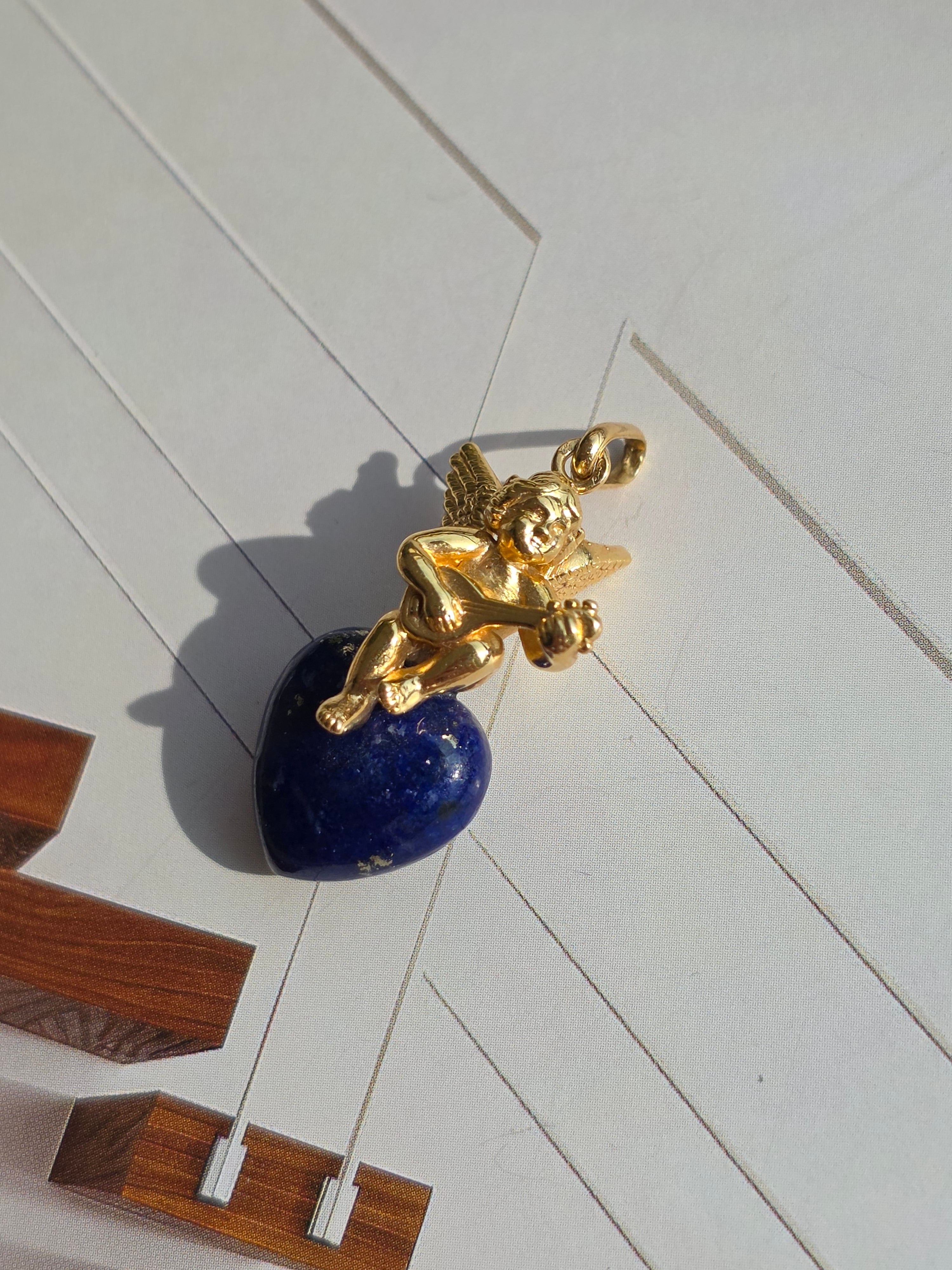 18k Solid Gold Sculpted Angel Cherub Lapis Heart Pendant | Indulgems